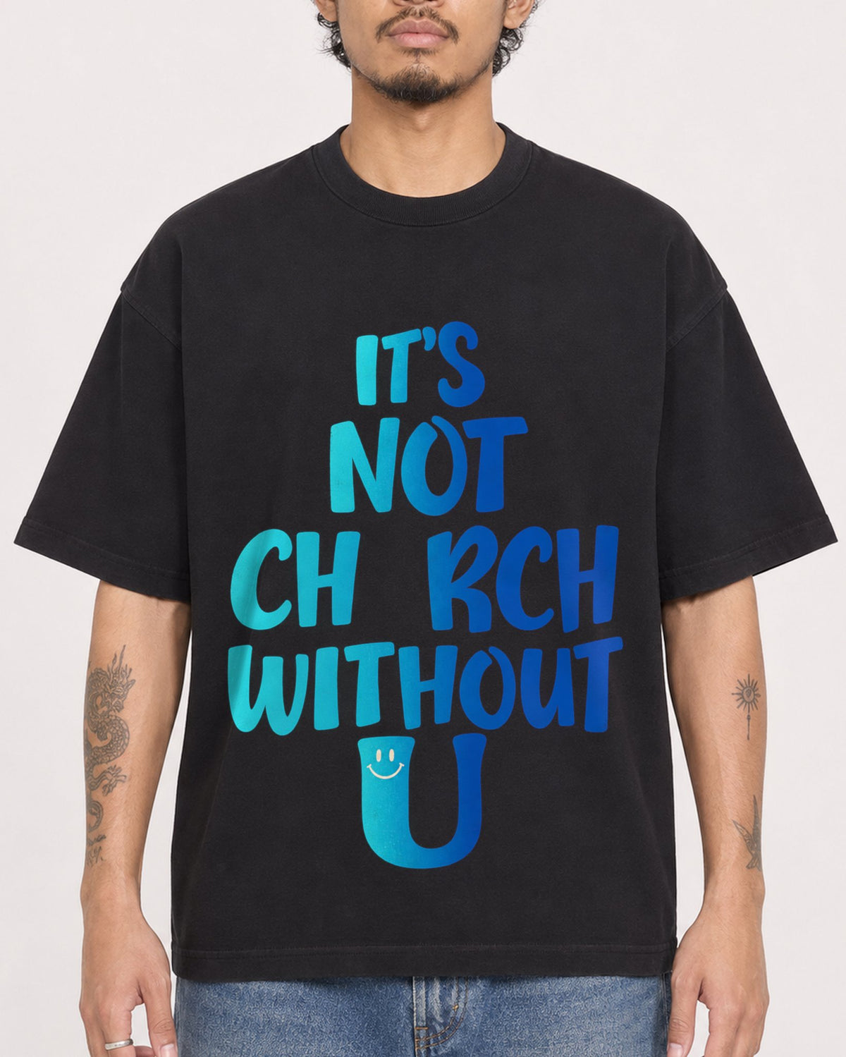Mockup Boxy Heavyweight Tee Black male close-up 42