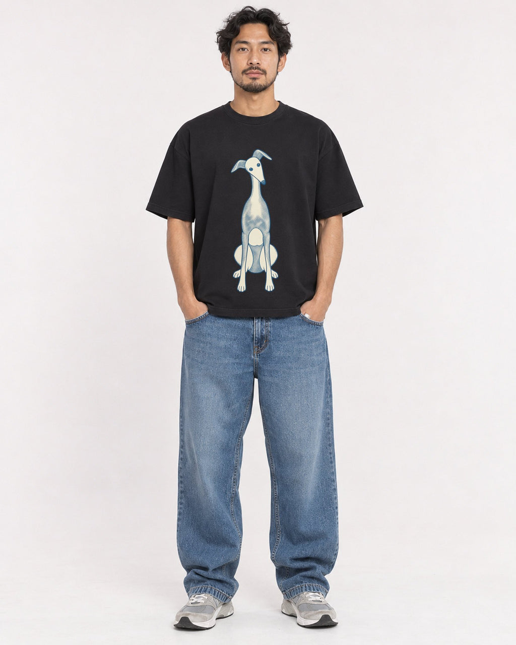 Mockup Boxy Heavyweight Tee Black male full-body 02