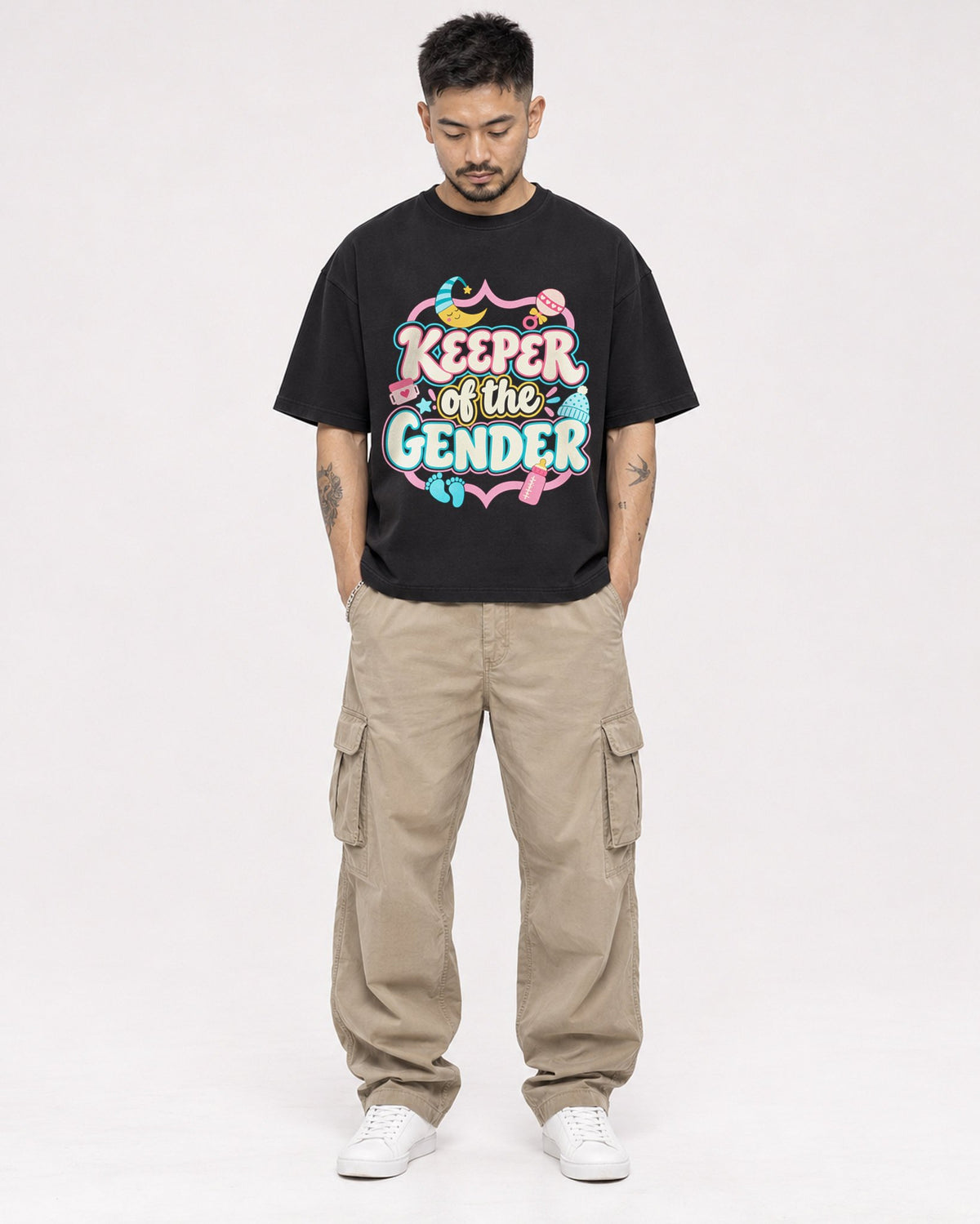 Mockup Boxy Heavyweight Tee Black male full-body 12