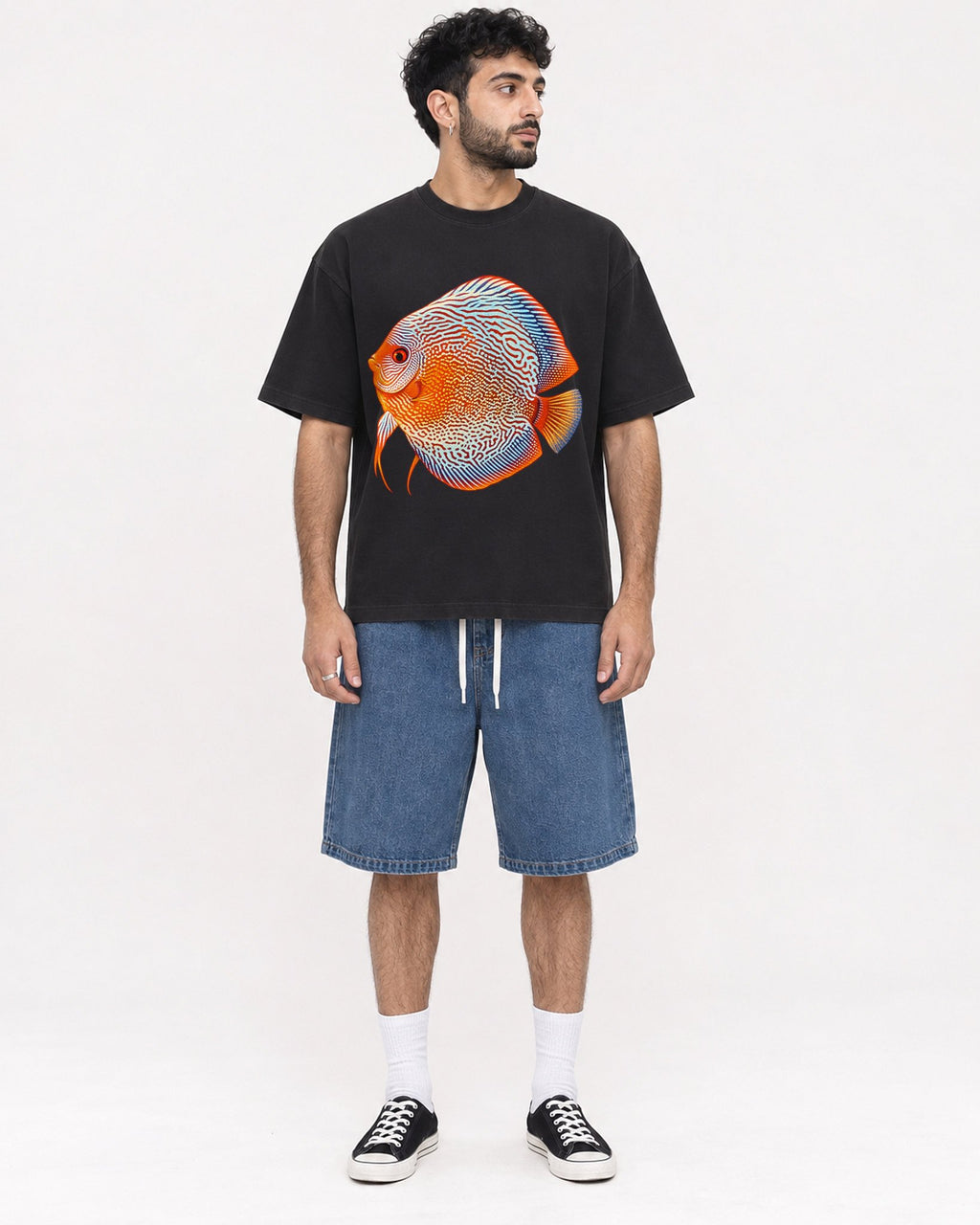 Mockup Boxy Heavyweight Tee Black male full-body 07