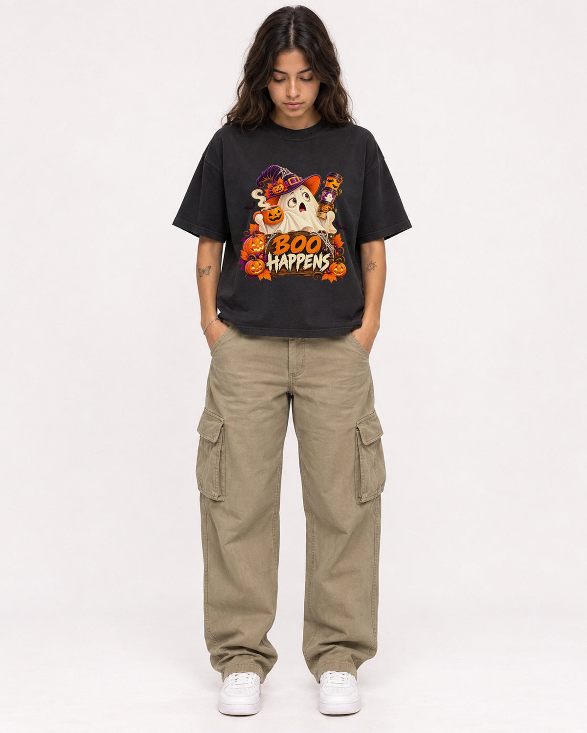 Mockup Boxy Heavyweight Tee Black female full-body 06
