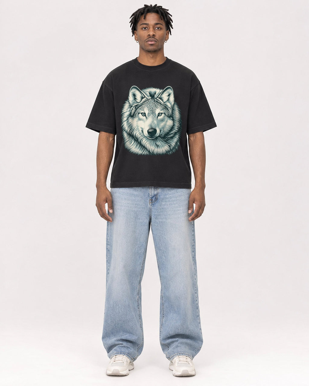 Mockup Boxy Heavyweight Tee Black male full-body 05
