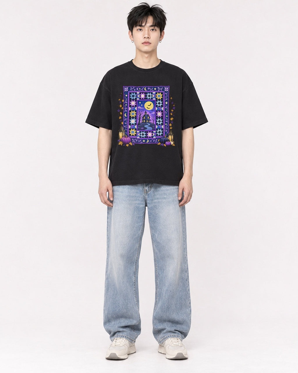 Mockup Boxy Heavyweight Tee Black male full-body 01