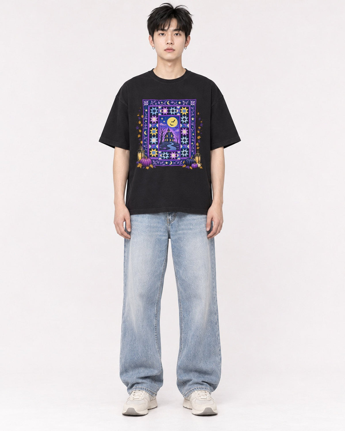 Mockup Boxy Heavyweight Tee Black male full-body 01