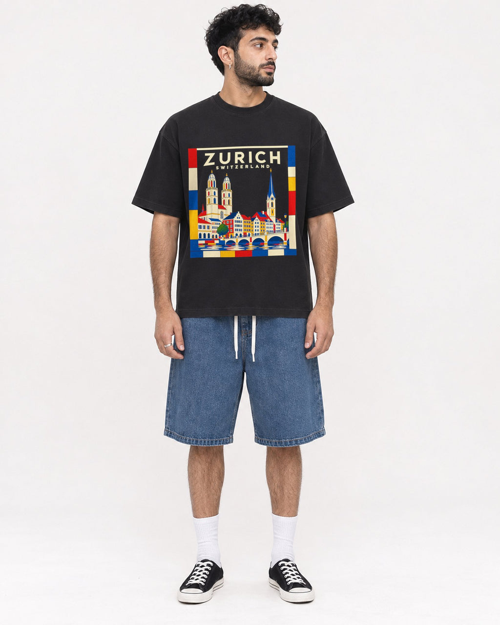 Mockup Boxy Heavyweight Tee Black male full-body 07