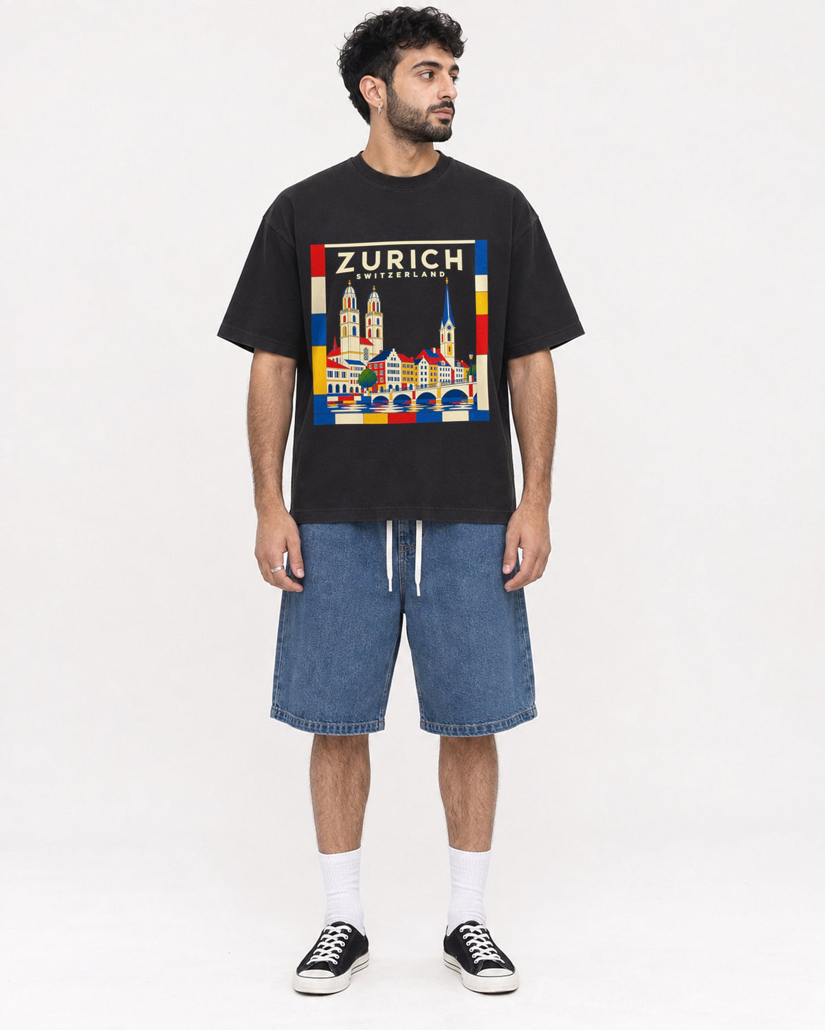 Mockup Boxy Heavyweight Tee Black male full-body 07