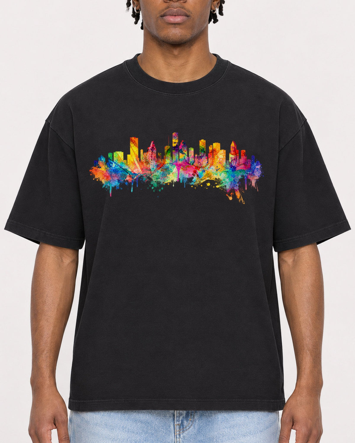 Mockup Boxy Heavyweight Tee Black male close-up 05