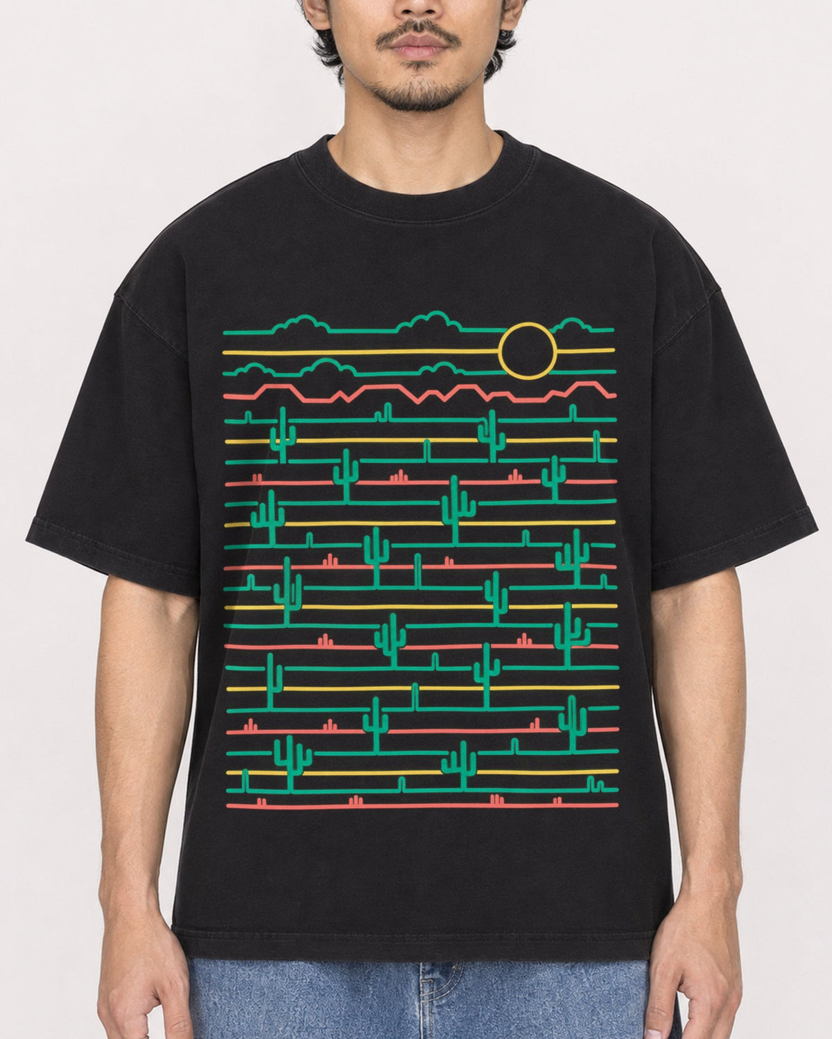 Mockup Boxy Heavyweight Tee Black male close-up 02