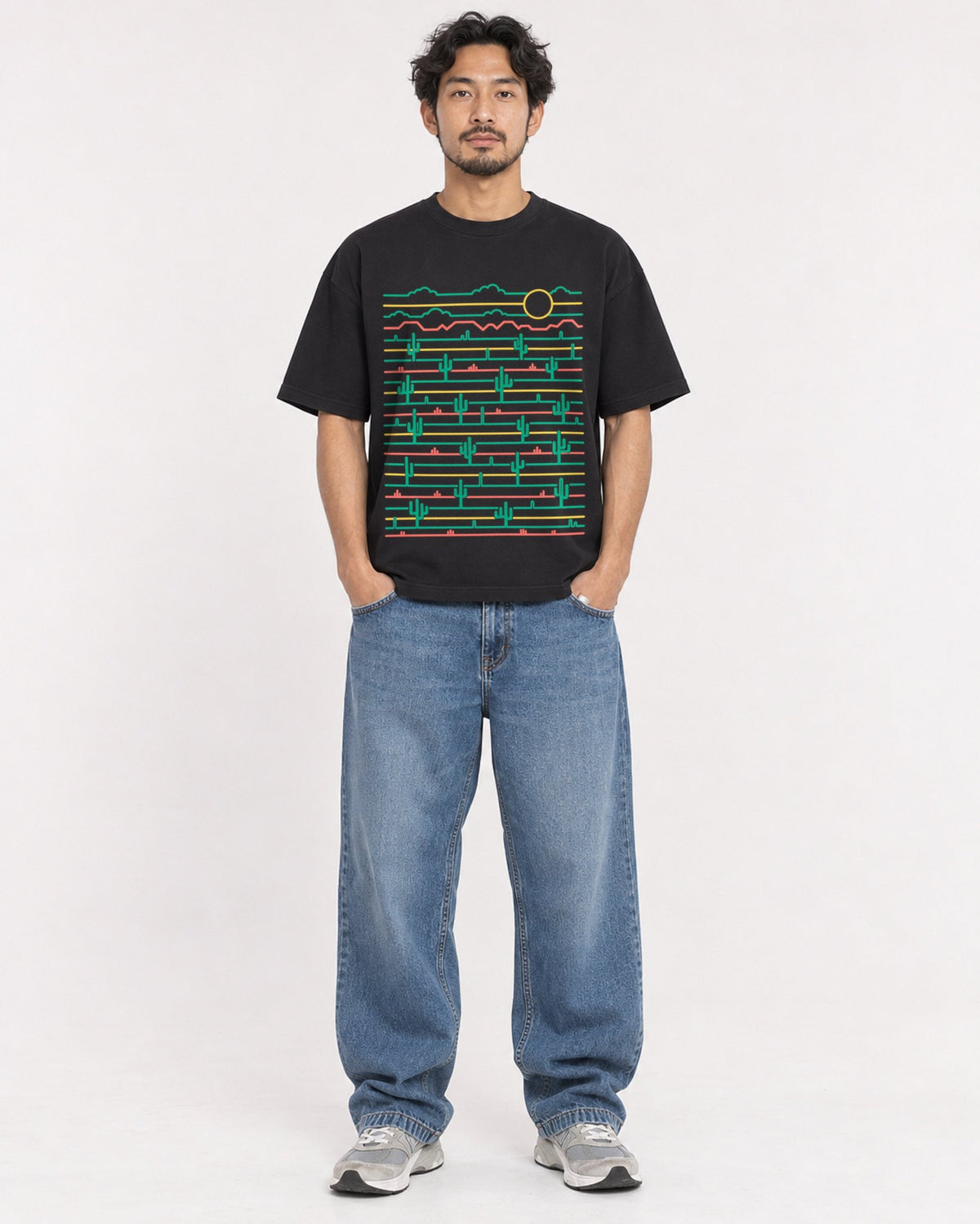 Mockup Boxy Heavyweight Tee Black male full-body 02