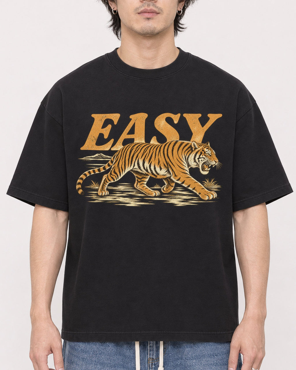 Mockup Boxy Heavyweight Tee Black male close-up 03