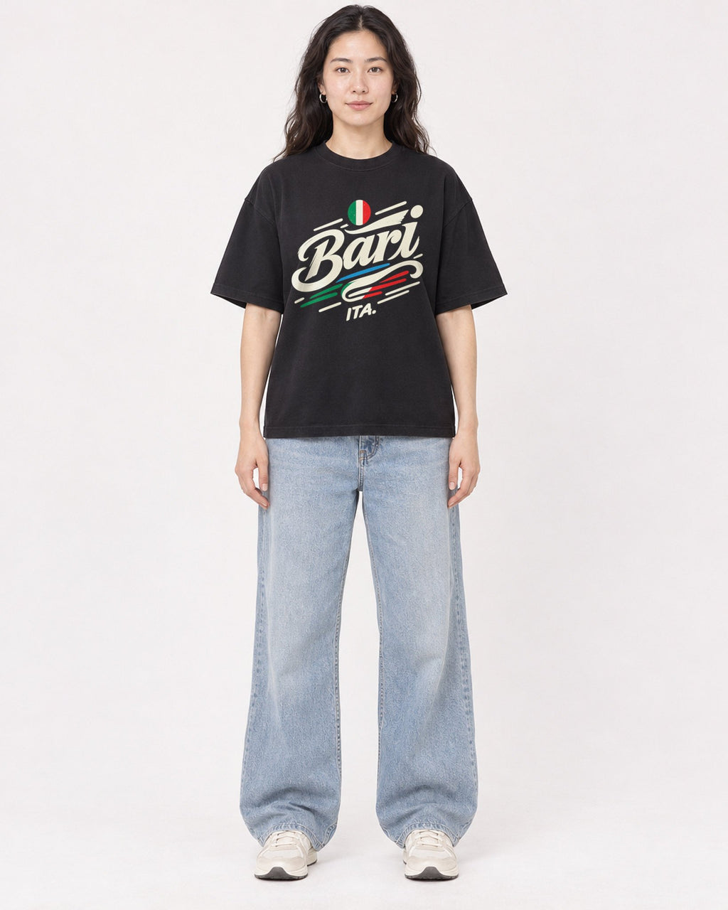Mockup Boxy Heavyweight Tee Black female full-body 03
