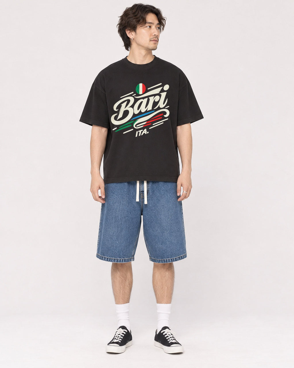 Mockup Boxy Heavyweight Tee Black male full-body 03