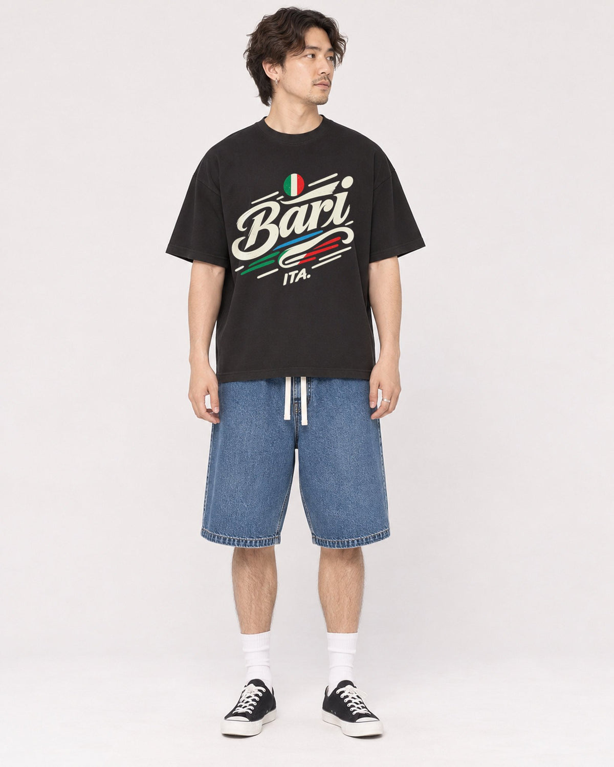 Mockup Boxy Heavyweight Tee Black male full-body 03