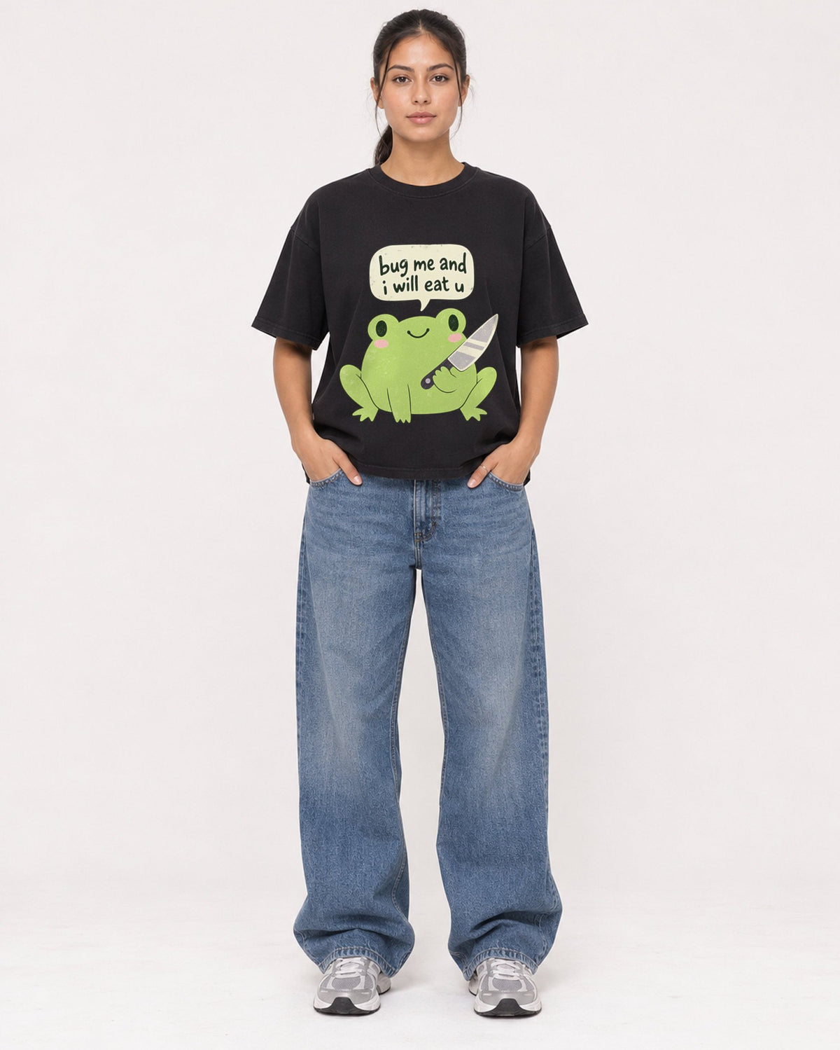 Mockup Boxy Heavyweight Tee Black female full-body 16