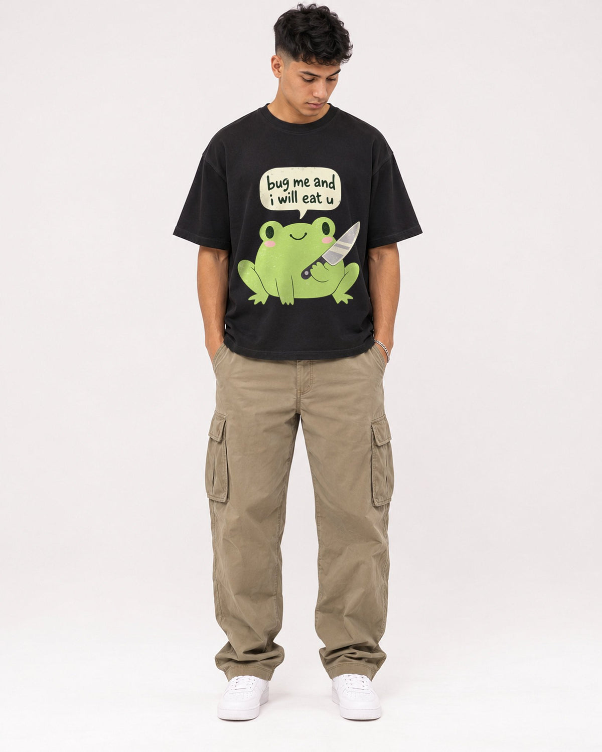 Mockup Boxy Heavyweight Tee Black male full-body 16