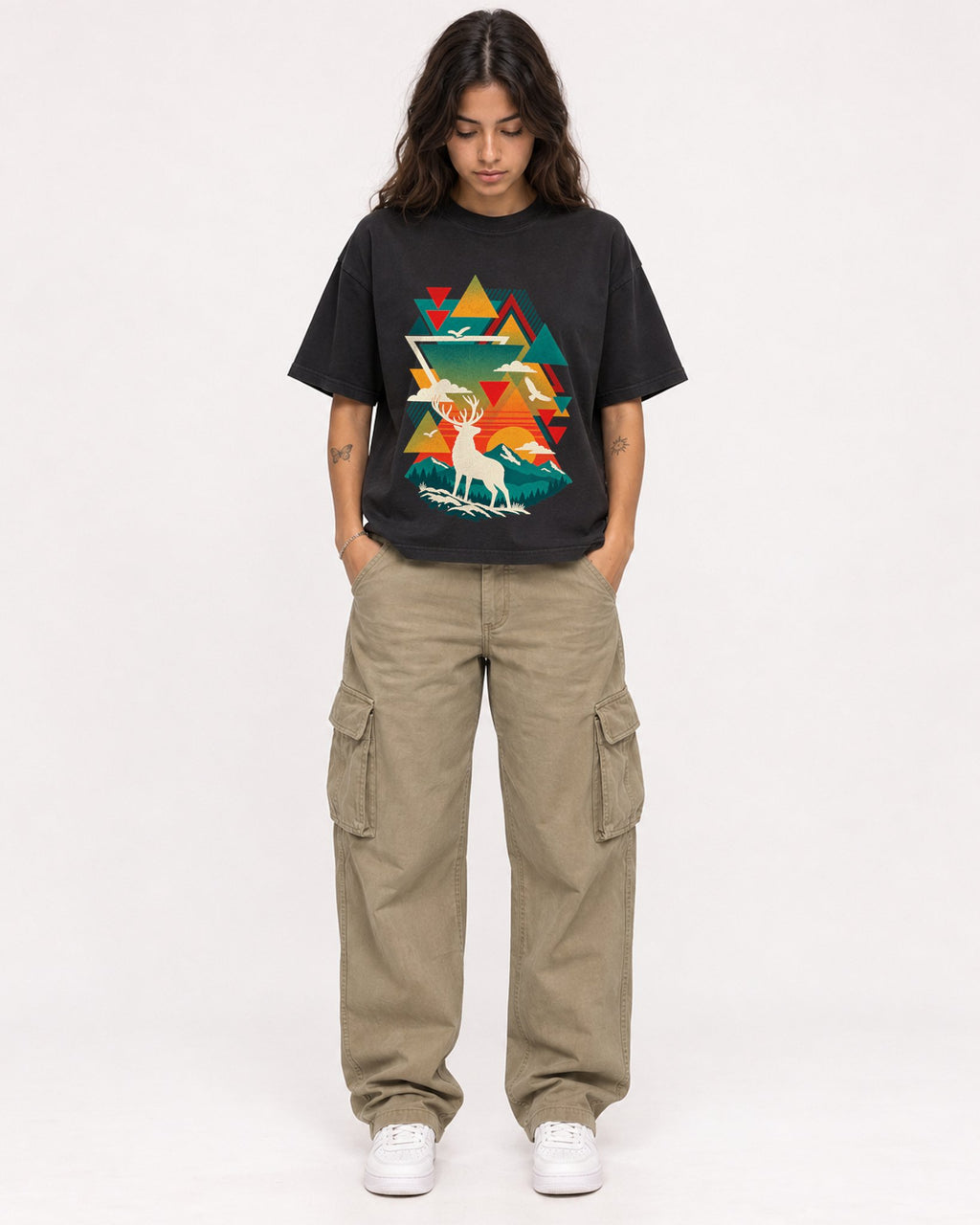 Mockup Boxy Heavyweight Tee Black female full-body 06