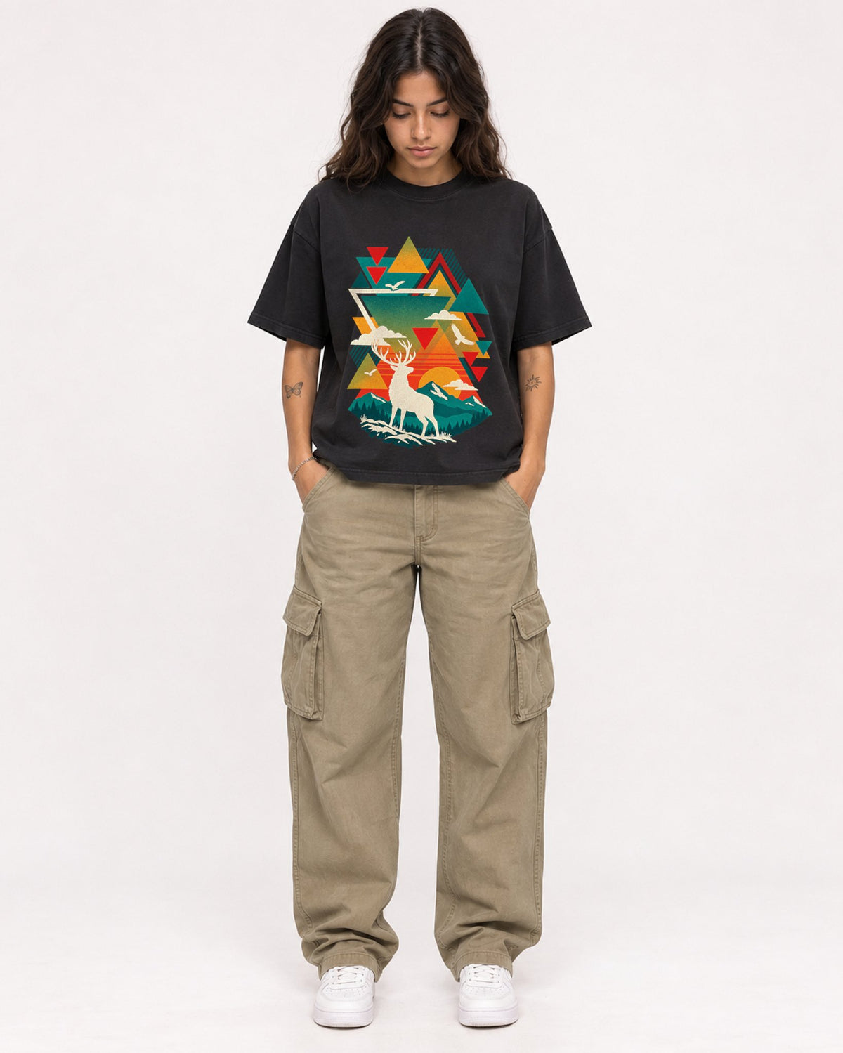 Mockup Boxy Heavyweight Tee Black female full-body 06