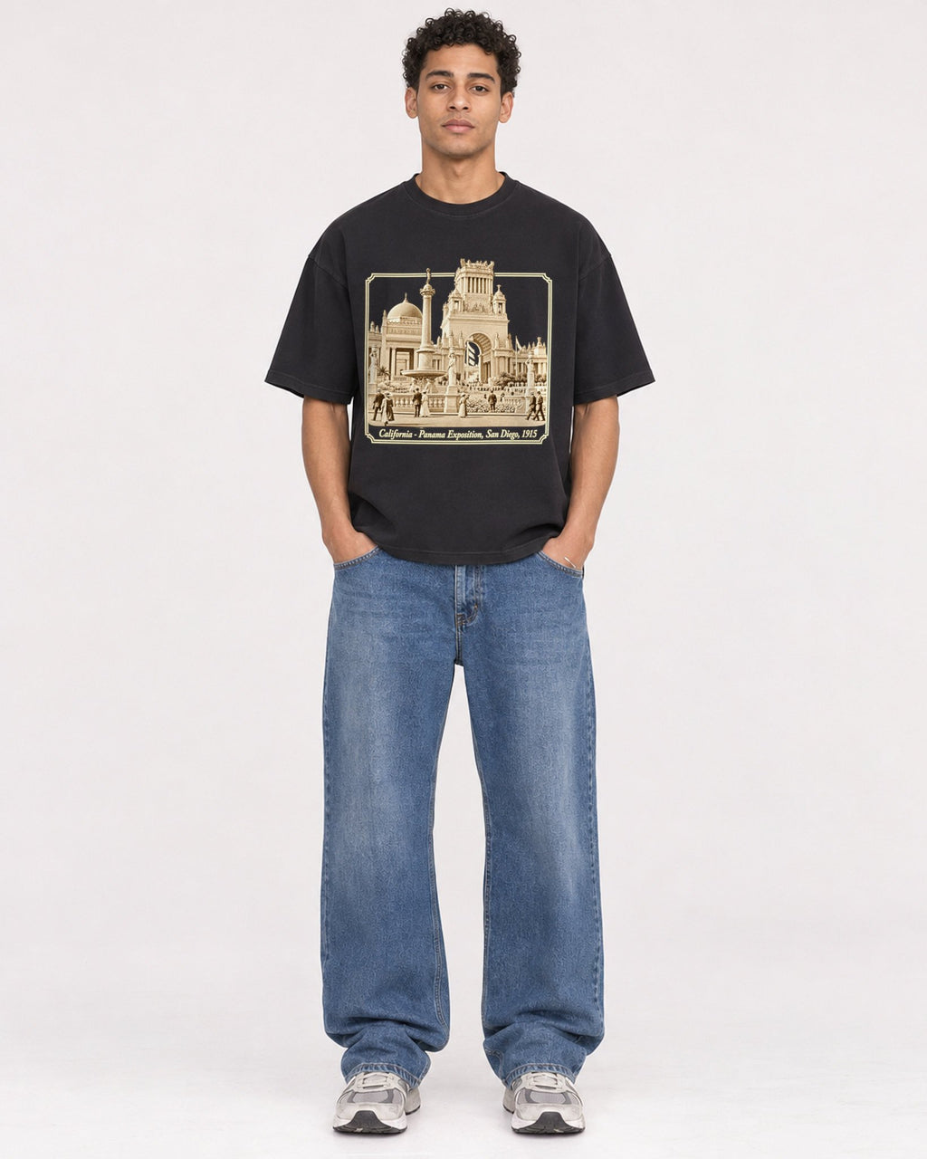 Mockup Boxy Heavyweight Tee Black male full-body 10