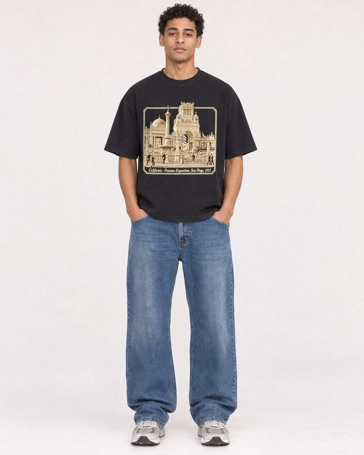 Mockup Boxy Heavyweight Tee Black male full-body 10