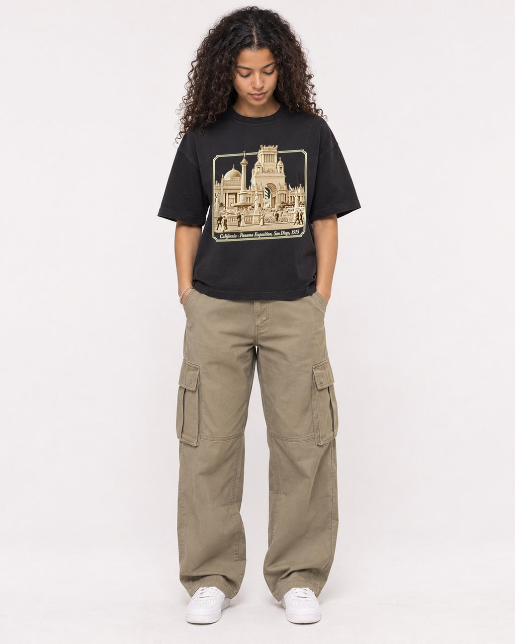 Mockup Boxy Heavyweight Tee Black female full-body 10