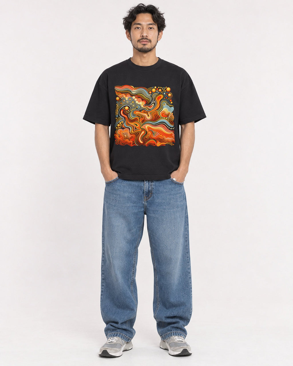 Mockup Boxy Heavyweight Tee Black male full-body 02
