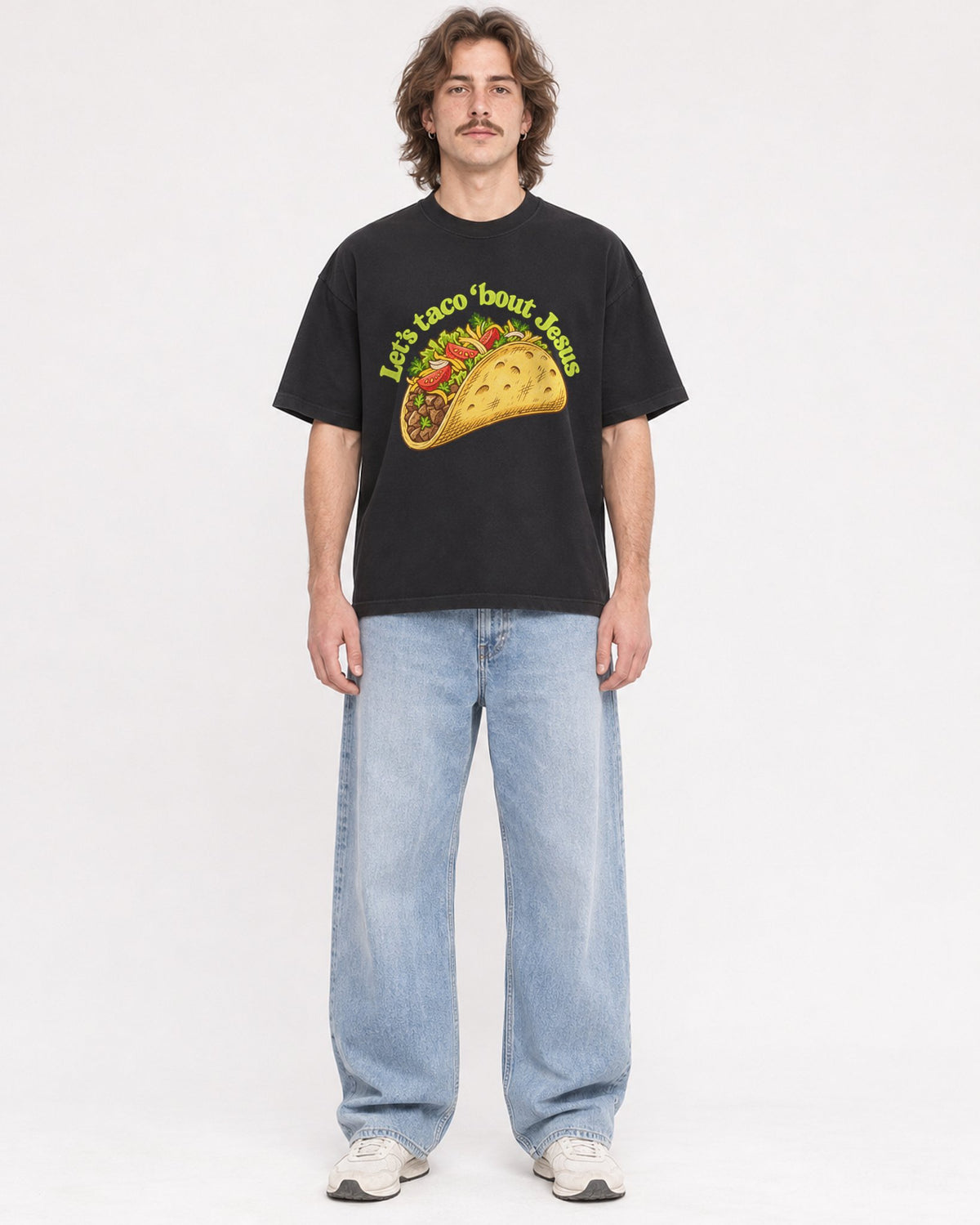 Mockup Boxy Heavyweight Tee Black male full-body 49