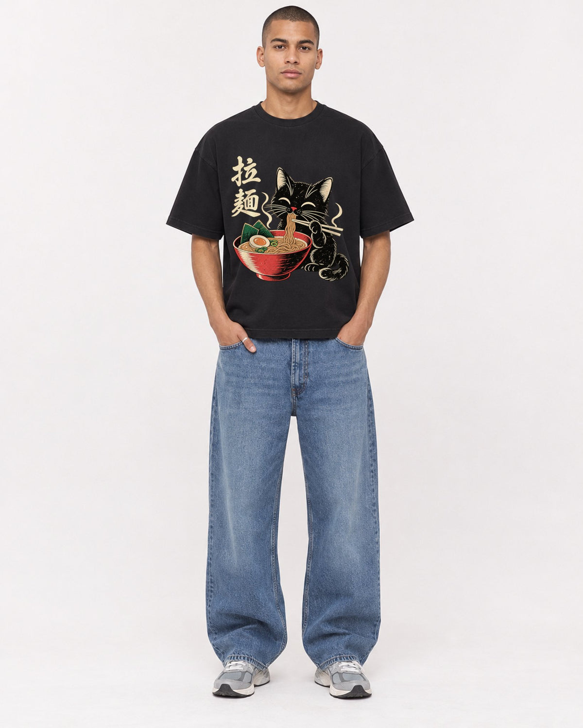 Mockup Boxy Heavyweight Tee Black male full-body 50