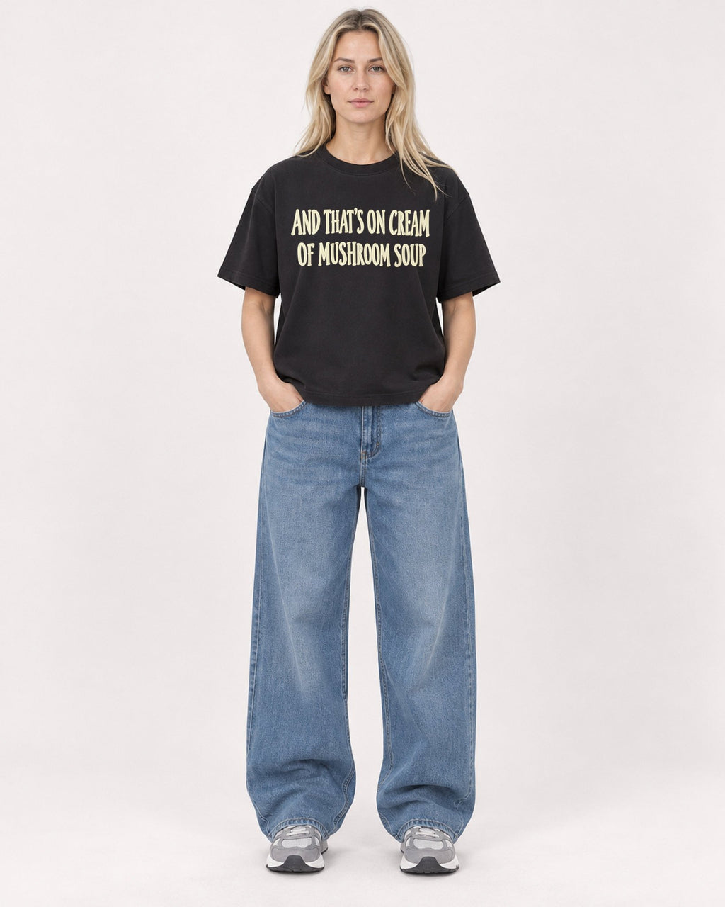 Mockup Boxy Heavyweight Tee Black female full-body 08