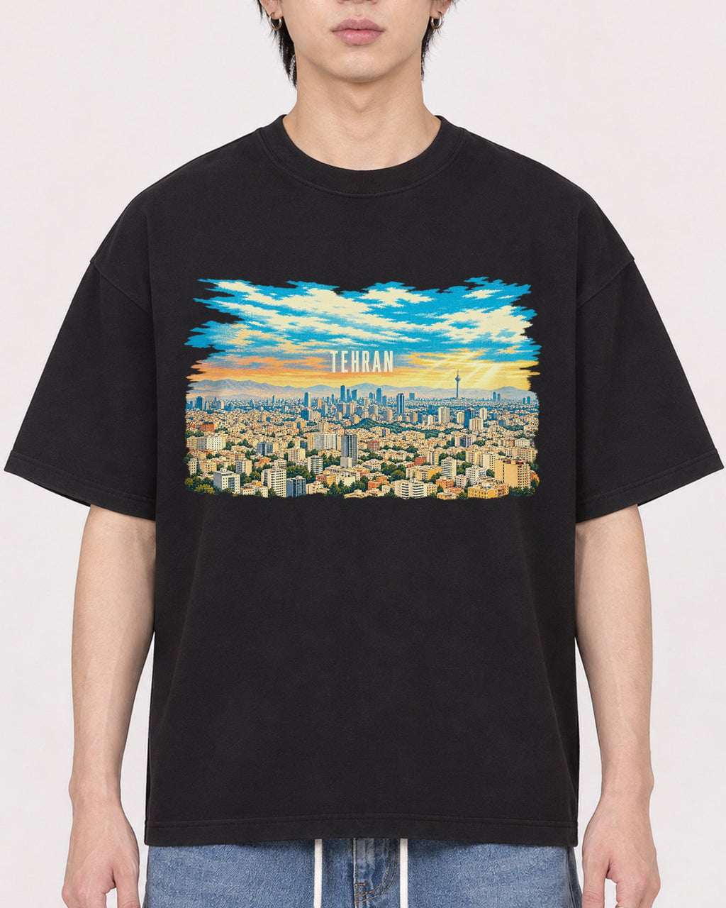 Mockup Boxy Heavyweight Tee Black male close-up 11