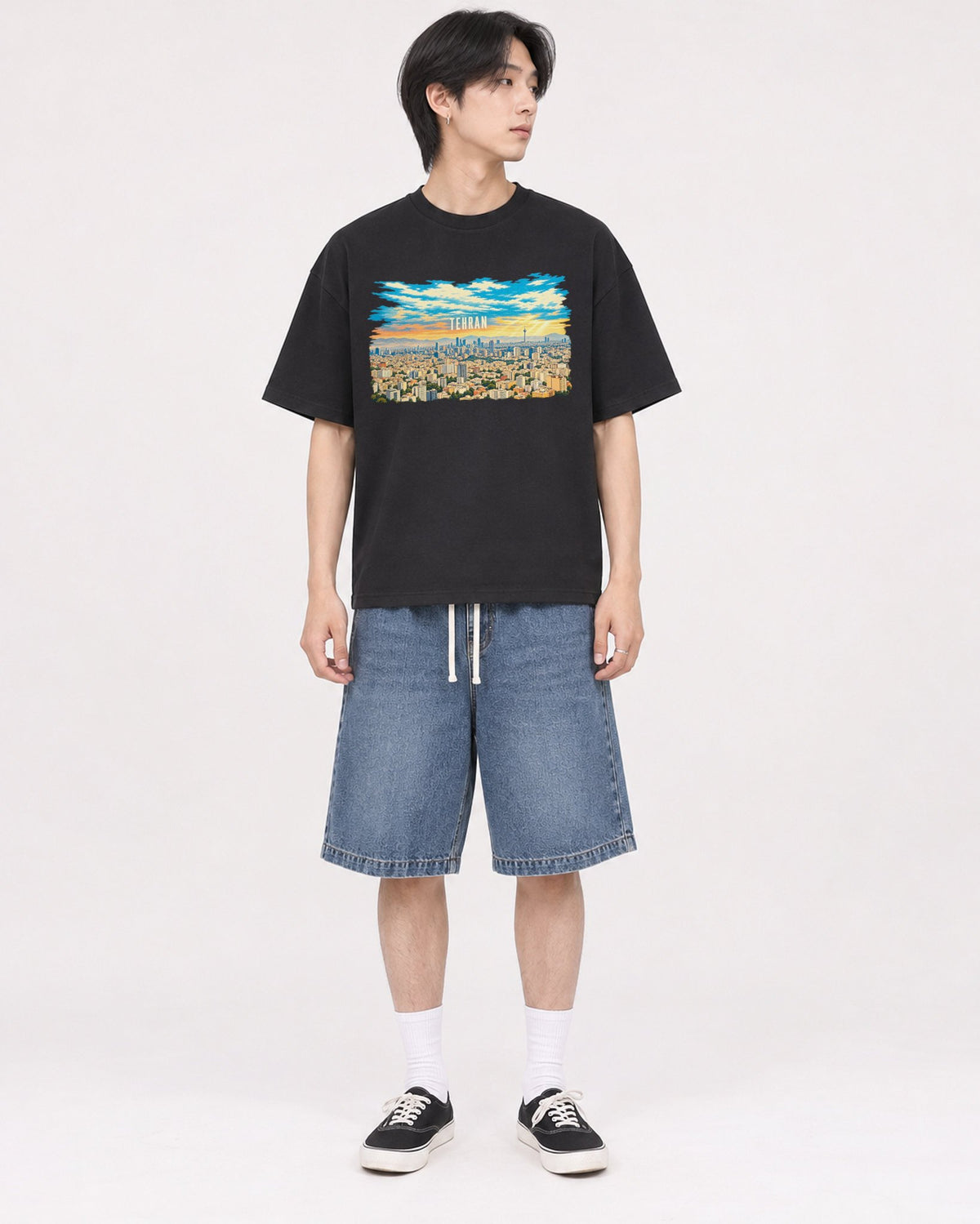 Mockup Boxy Heavyweight Tee Black male full-body 11