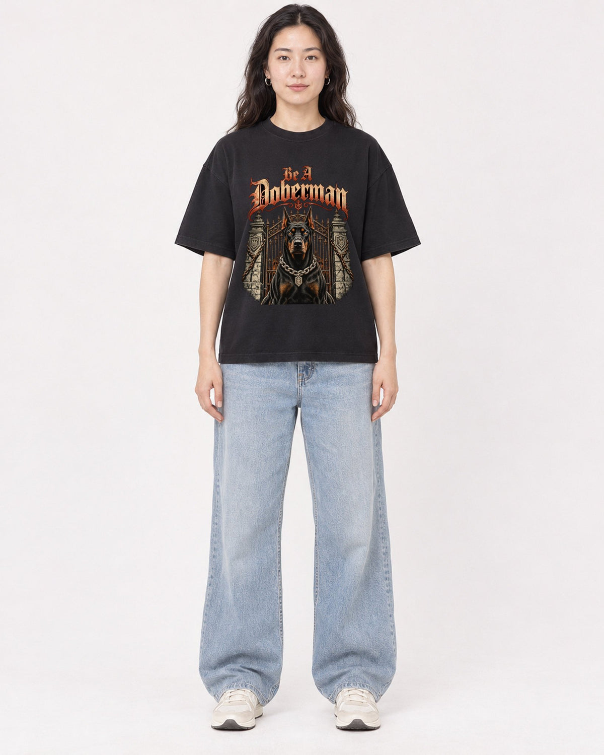 Mockup Boxy Heavyweight Tee Black female full-body 03