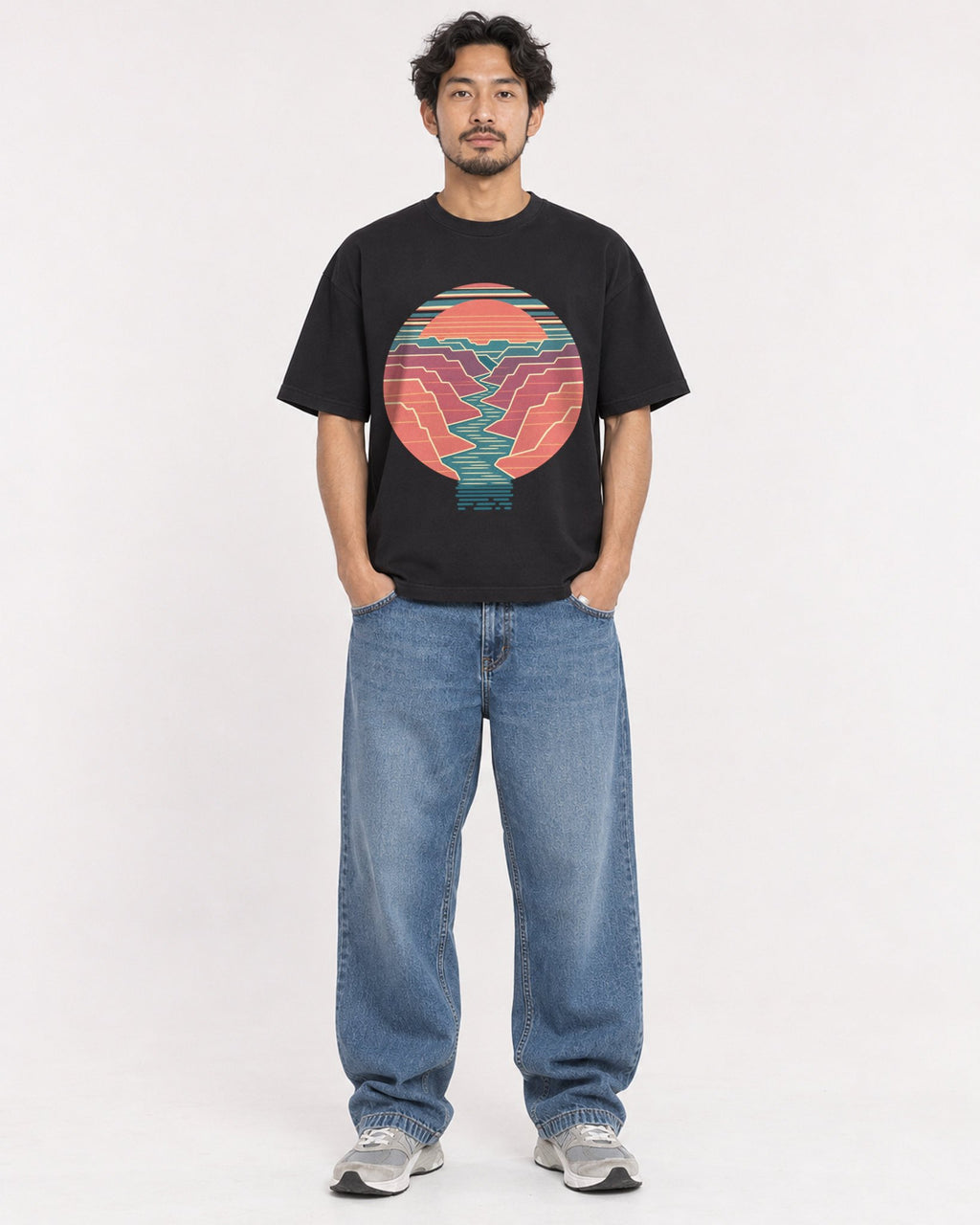 Mockup Boxy Heavyweight Tee Black male full-body 02