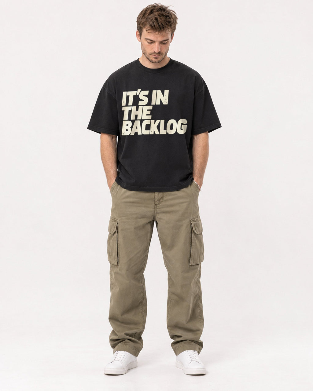 Mockup Boxy Heavyweight Tee Black male full-body 08