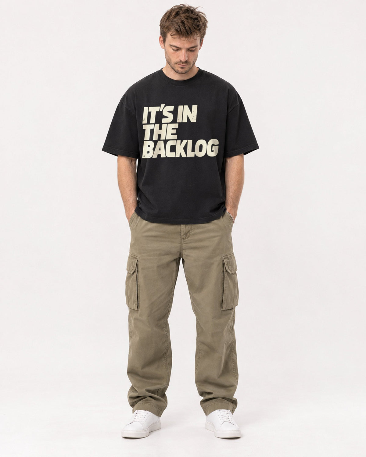 Mockup Boxy Heavyweight Tee Black male full-body 08