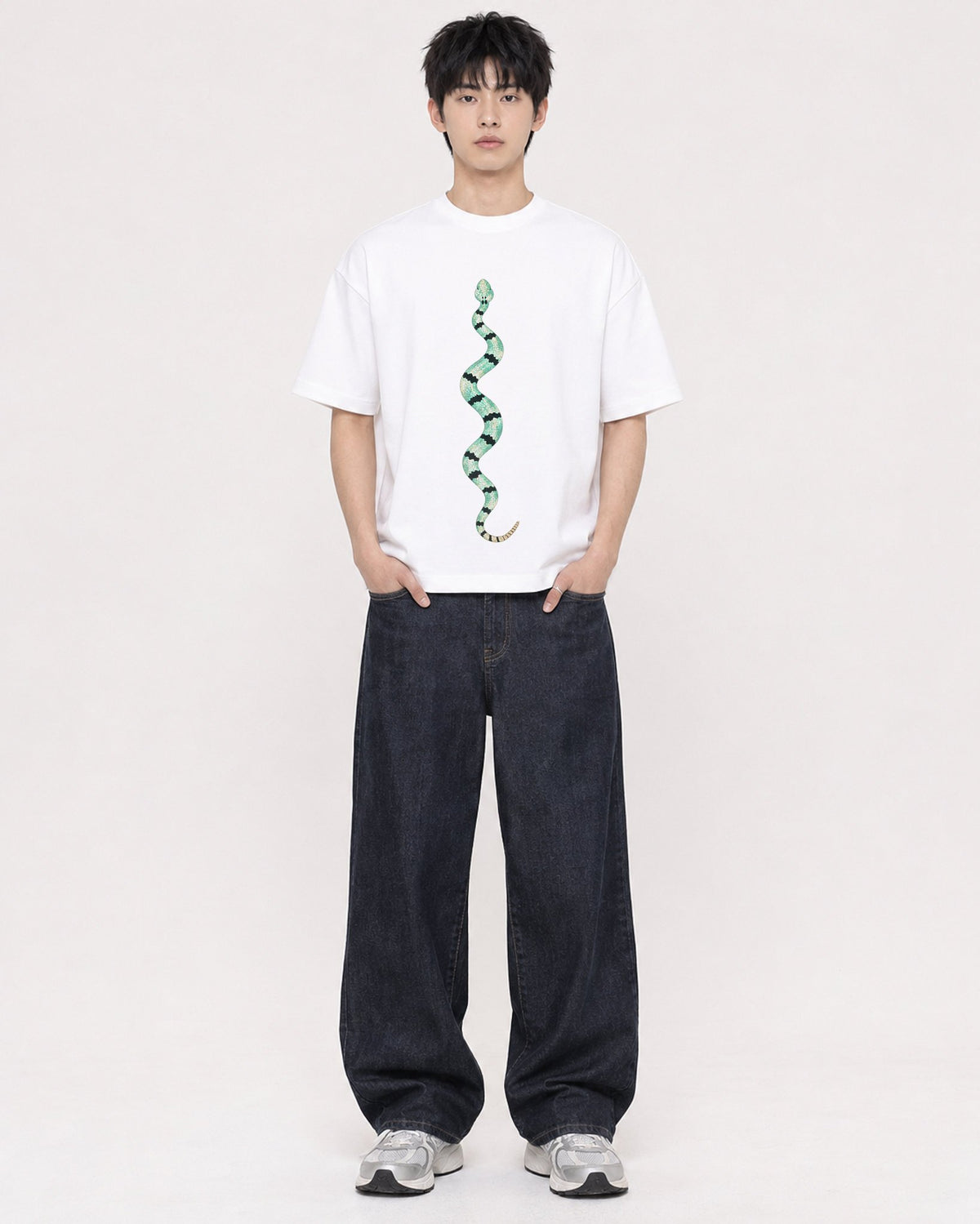 Mockup Boxy Heavyweight Tee White male full-body 01