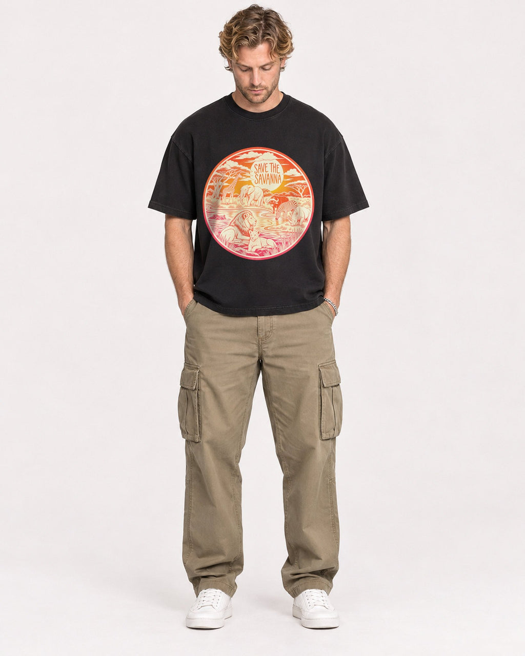 Mockup Boxy Heavyweight Tee Black male full-body 28