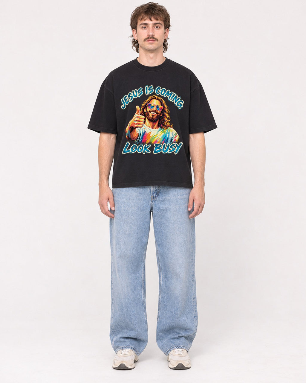 Mockup Boxy Heavyweight Tee Black male full-body 29