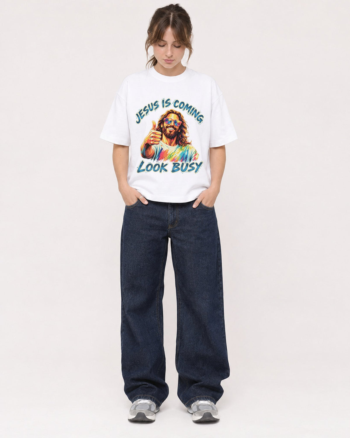 Mockup Boxy Heavyweight Tee White female full-body 29