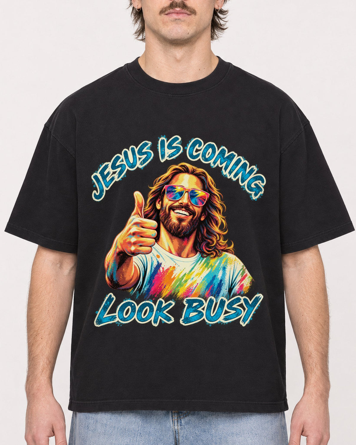 Mockup Boxy Heavyweight Tee Black male close-up 29