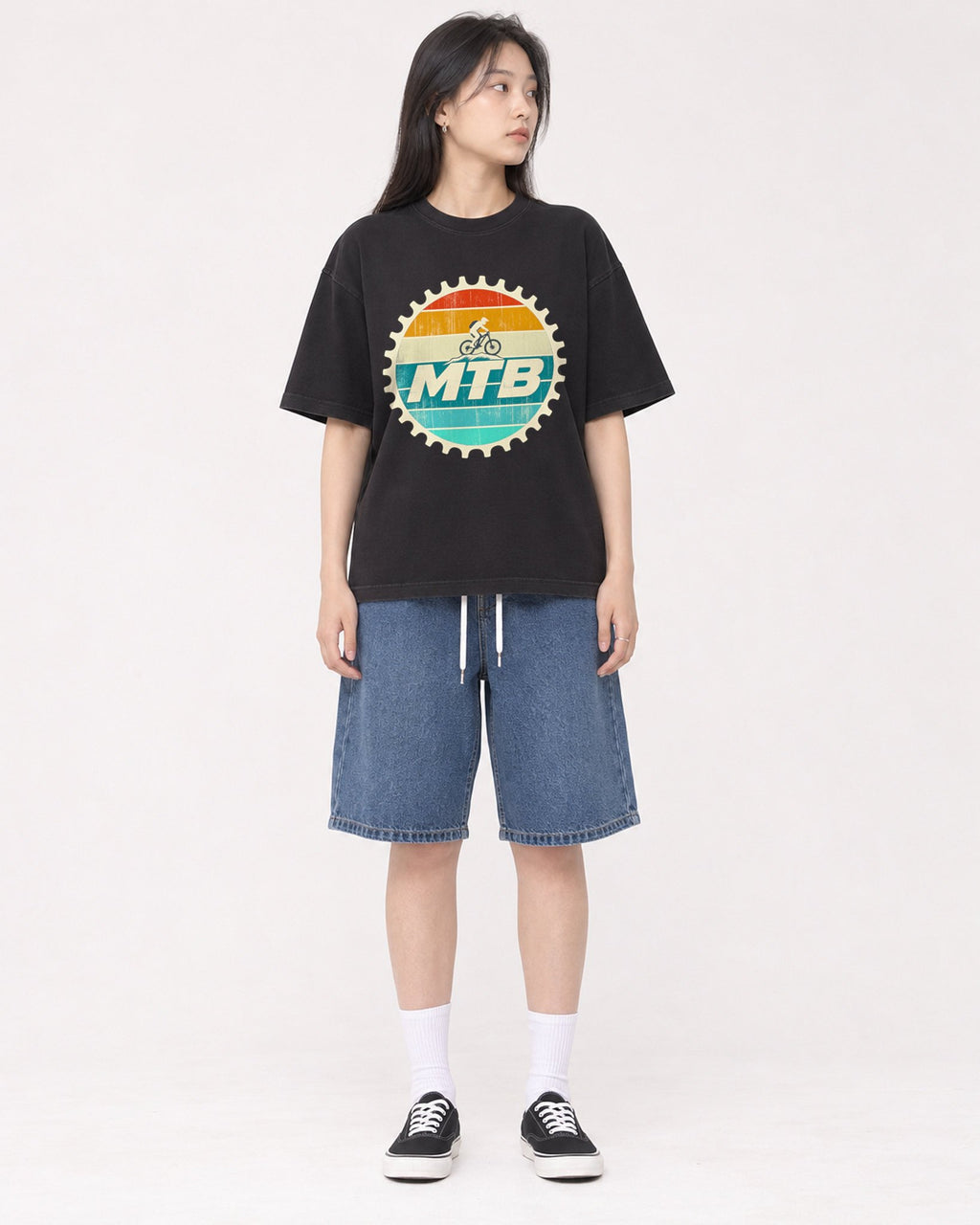 Mockup Boxy Heavyweight Tee Black female full-body 01