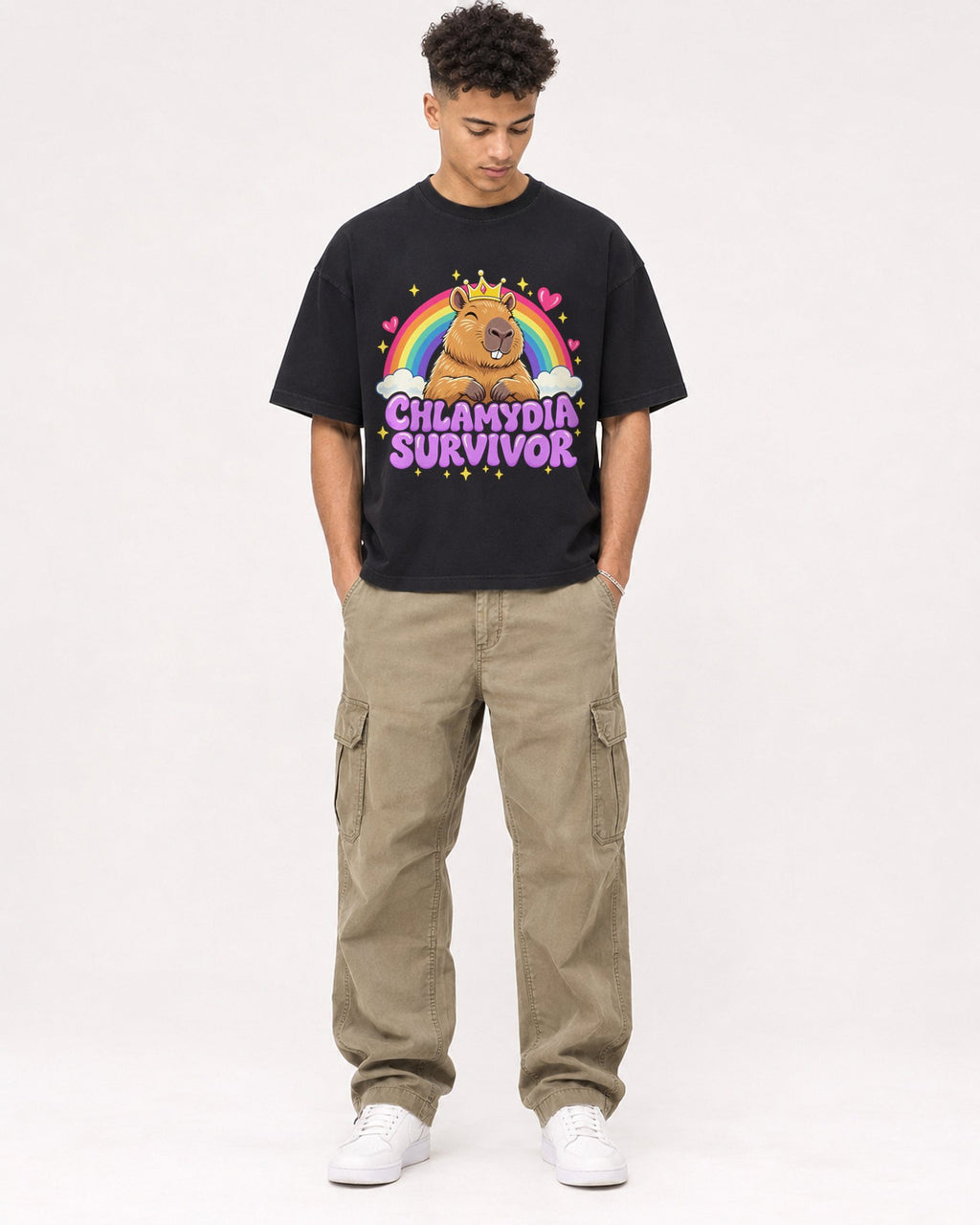 Mockup Boxy Heavyweight Tee Black male full-body 20