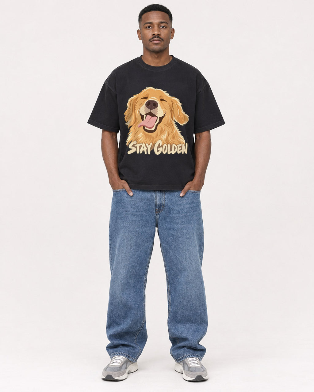 Mockup Boxy Heavyweight Tee Black male full-body 14