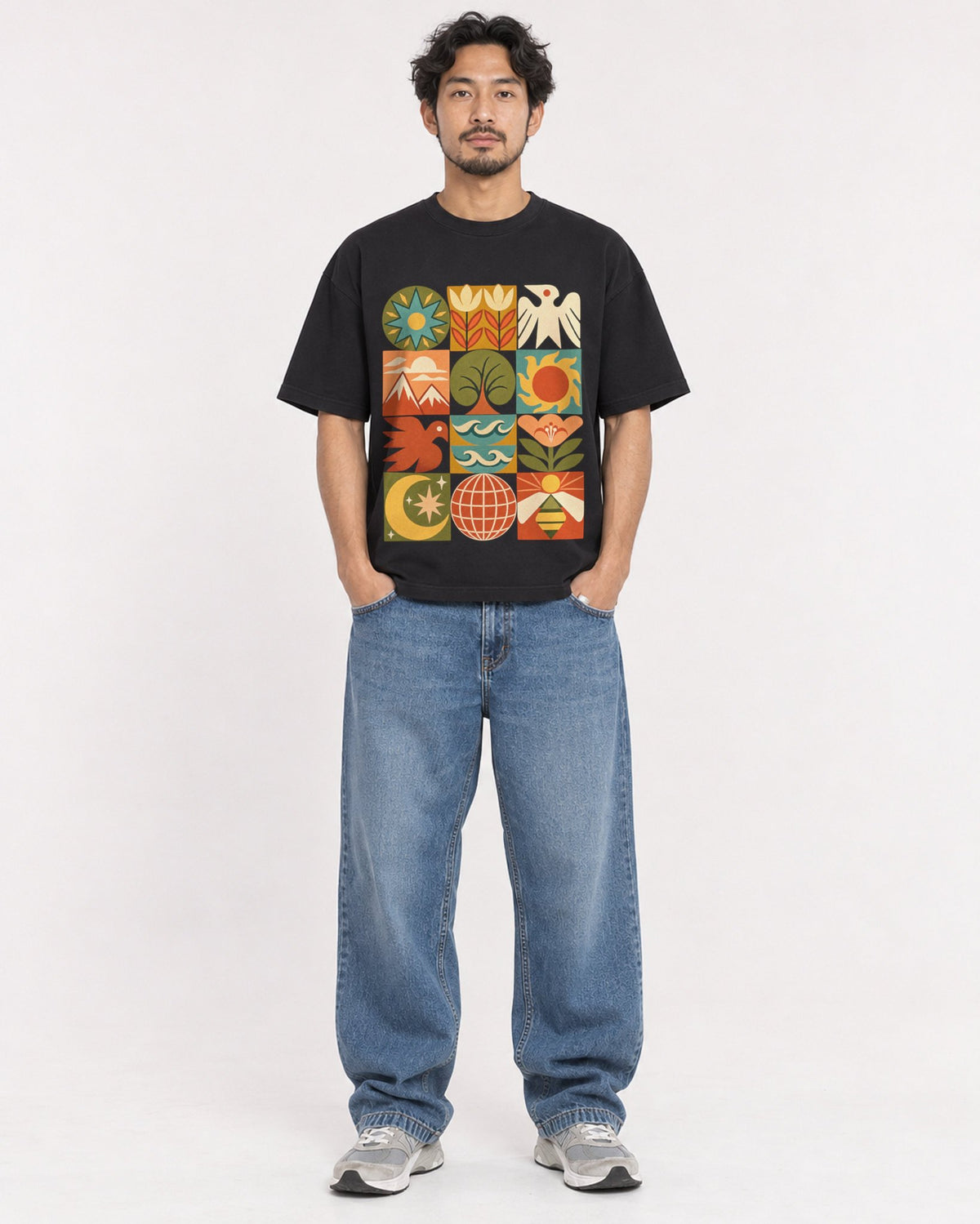Mockup Boxy Heavyweight Tee Black male full-body 02