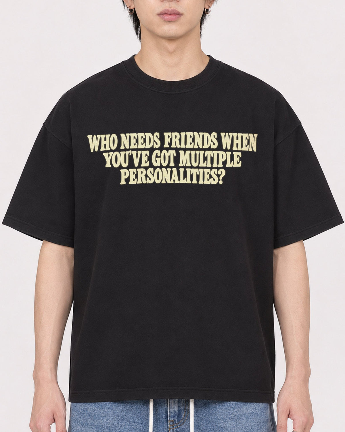 Mockup Boxy Heavyweight Tee Black male close-up 11