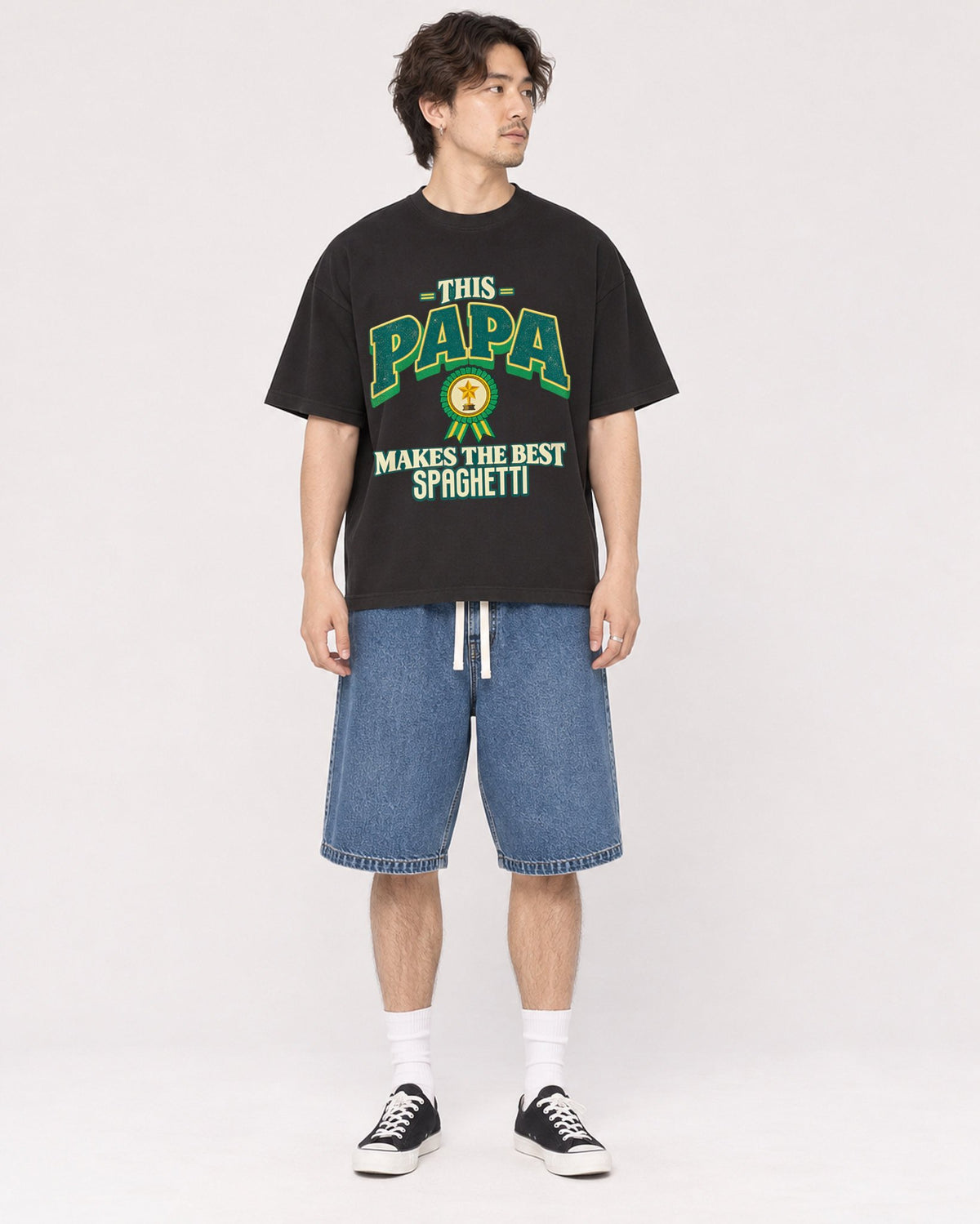 Mockup Boxy Heavyweight Tee Black male full-body 03