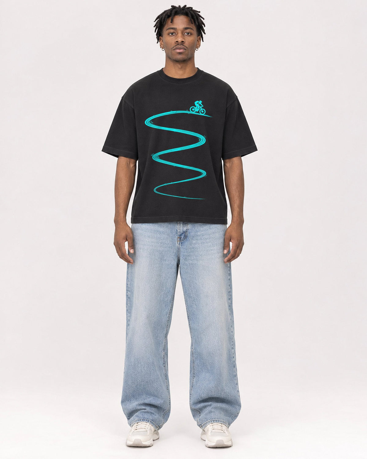 Mockup Boxy Heavyweight Tee Black male full-body 05