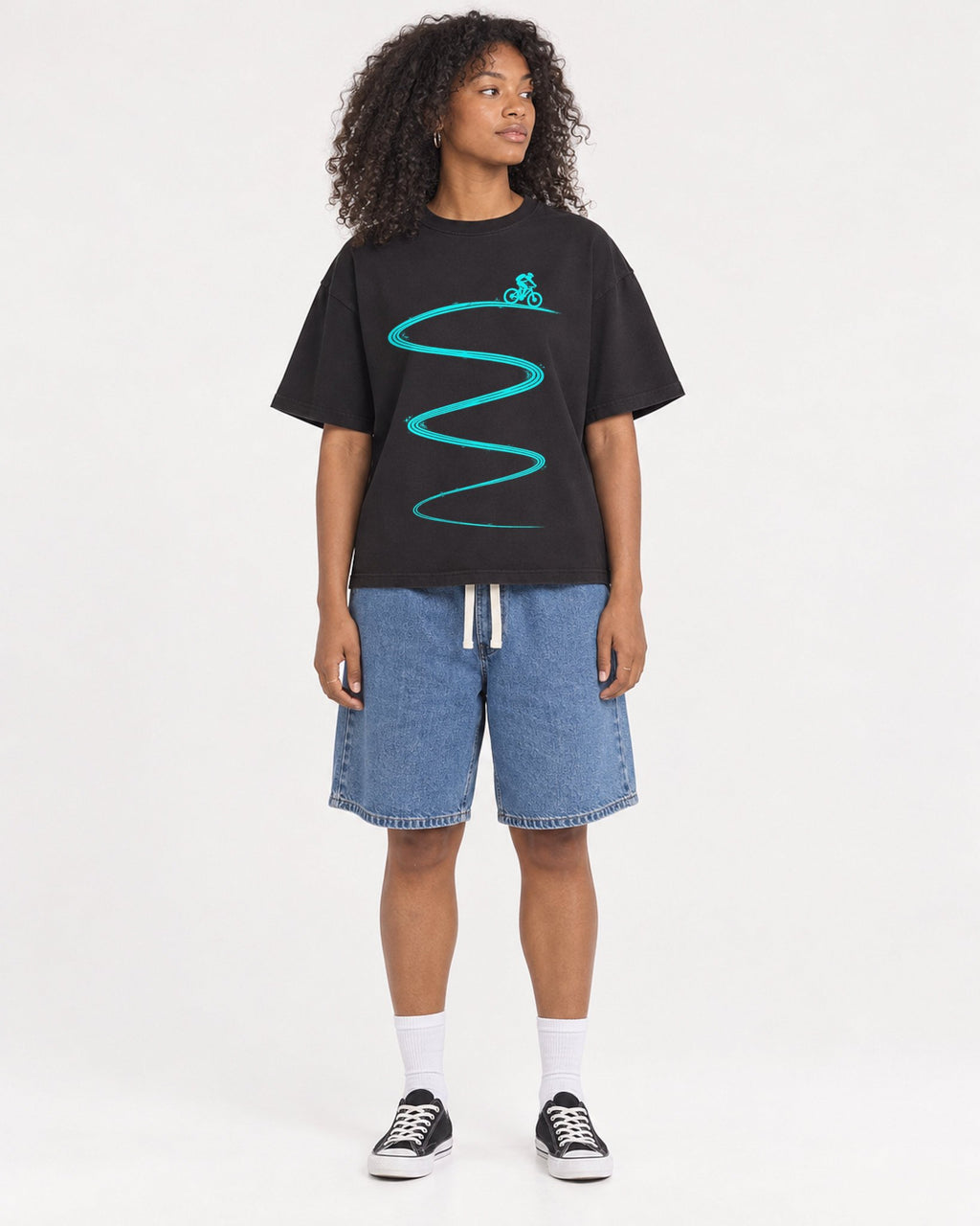 Mockup Boxy Heavyweight Tee Black female full-body 05