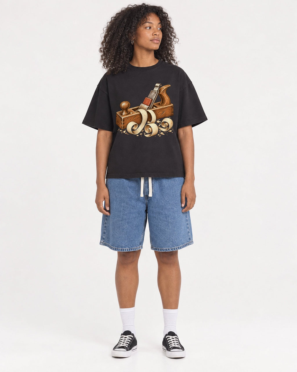 Mockup Boxy Heavyweight Tee Black female full-body 05