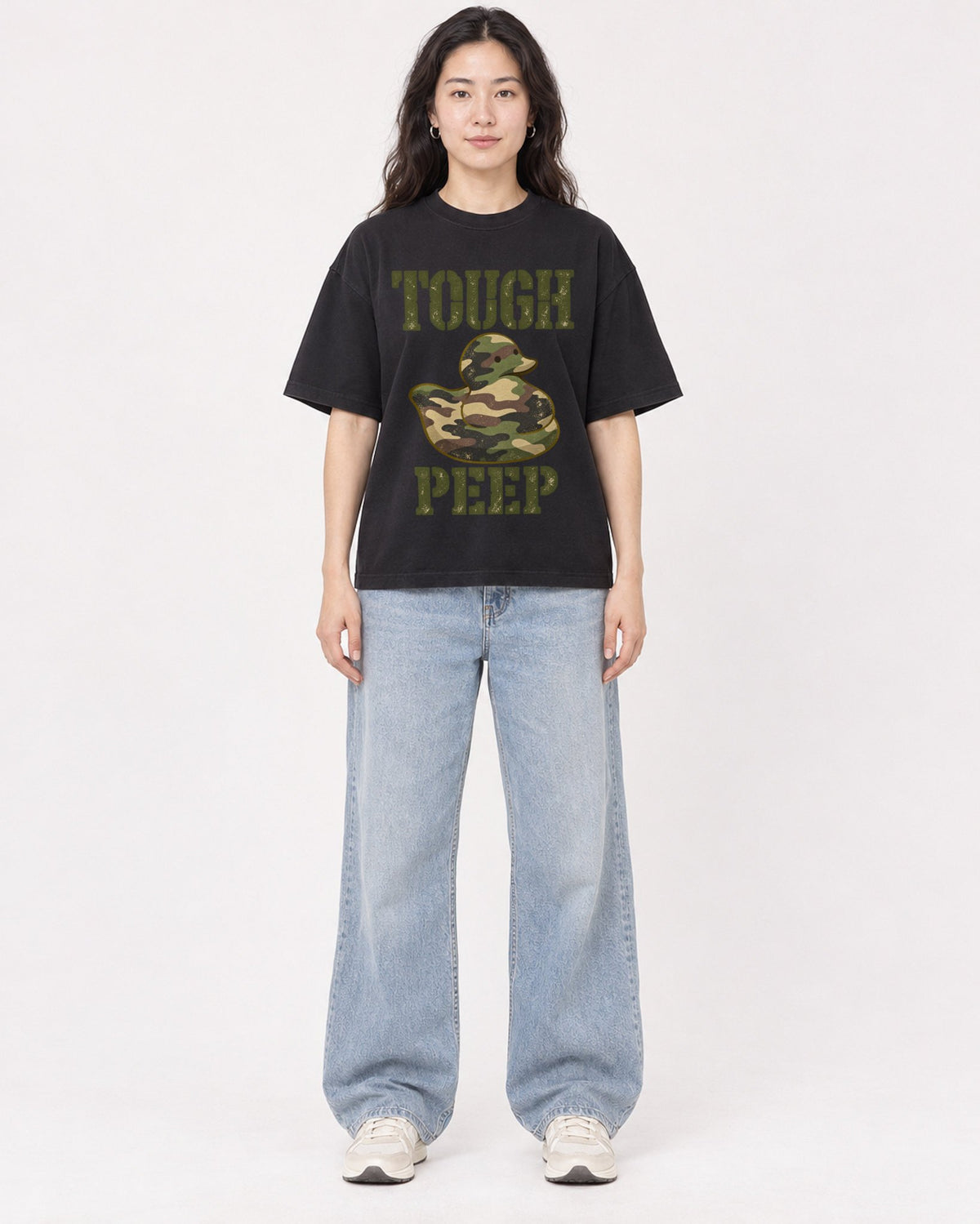 Mockup Boxy Heavyweight Tee Black female full-body 03