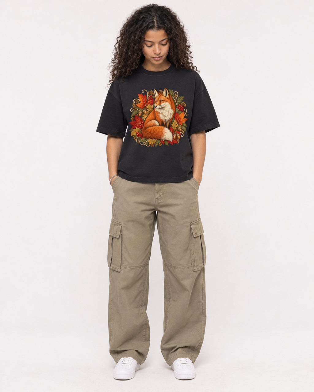 Mockup Boxy Heavyweight Tee Black female full-body 10